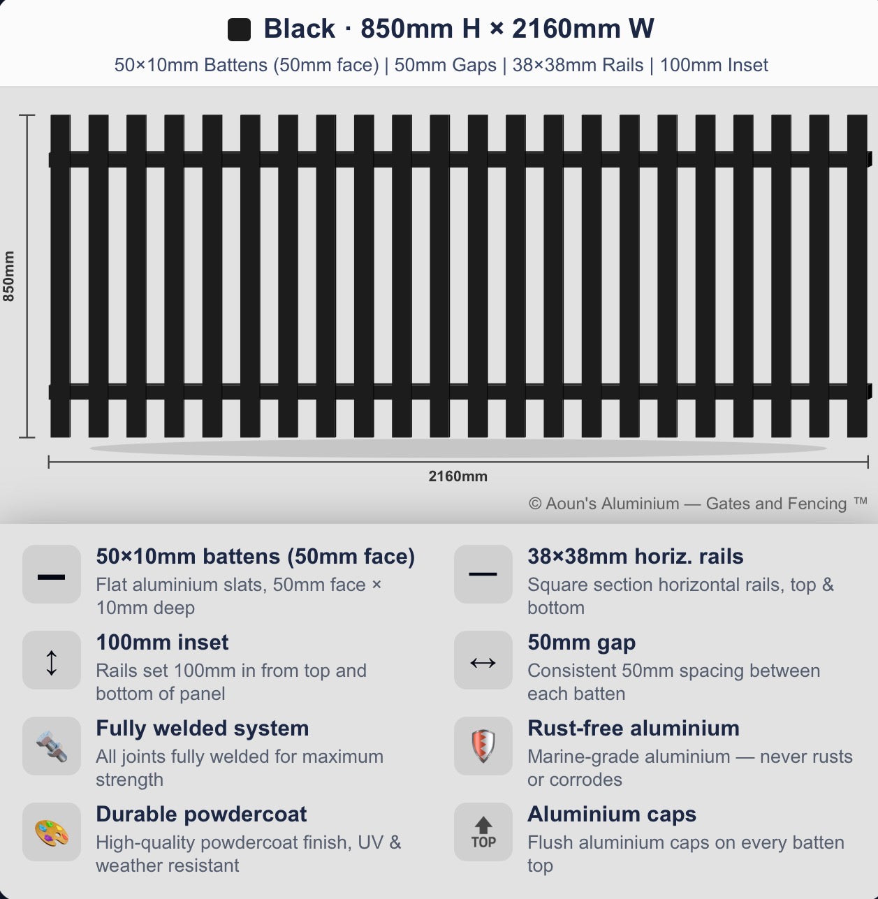 Aluminium Slim Batten Fence Panel 2.2m Wide (50x10, 50mm Face)
