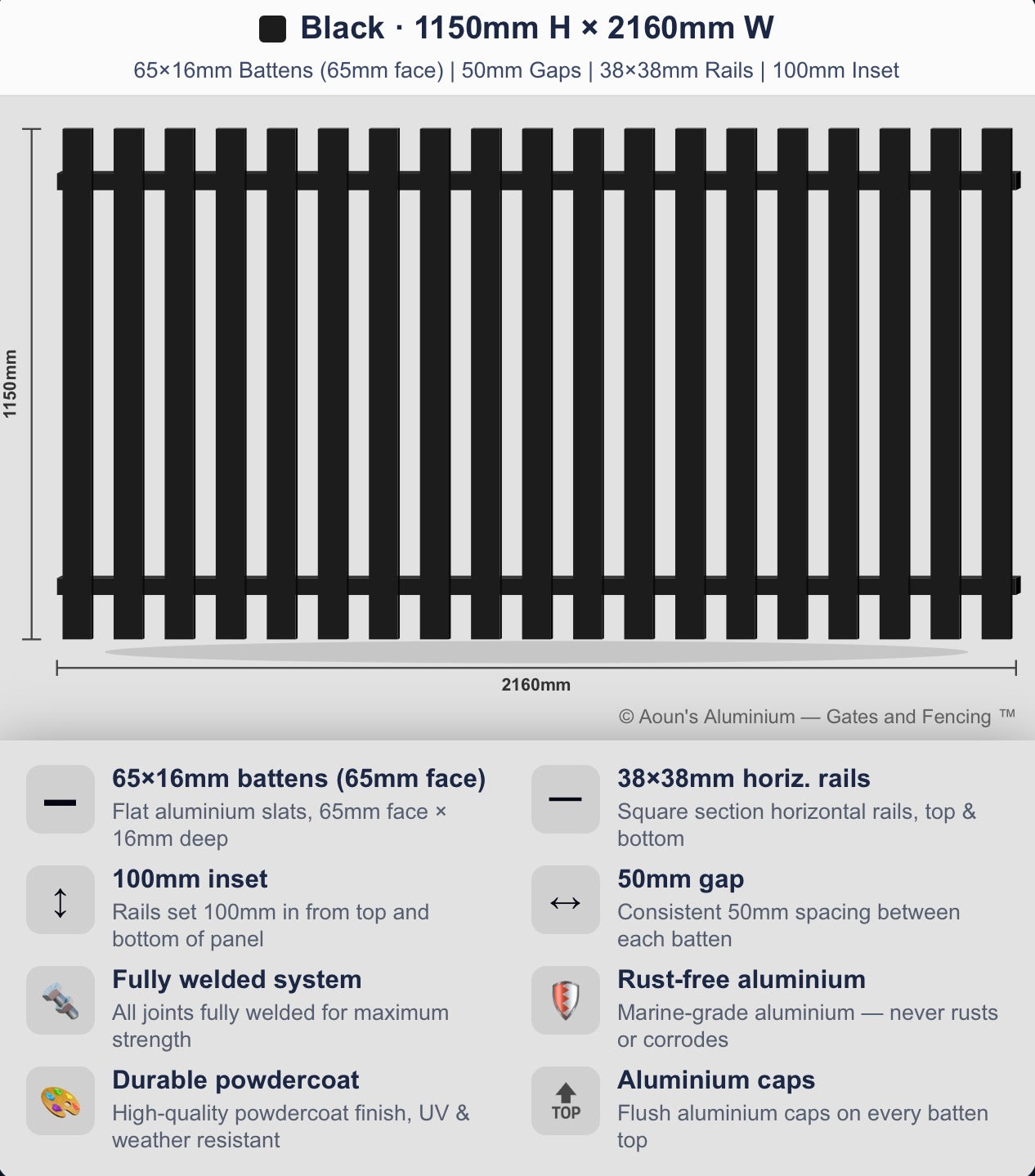 Aluminium Batten Fence Panel 2.2m Wide (65x16, 65mm Face)