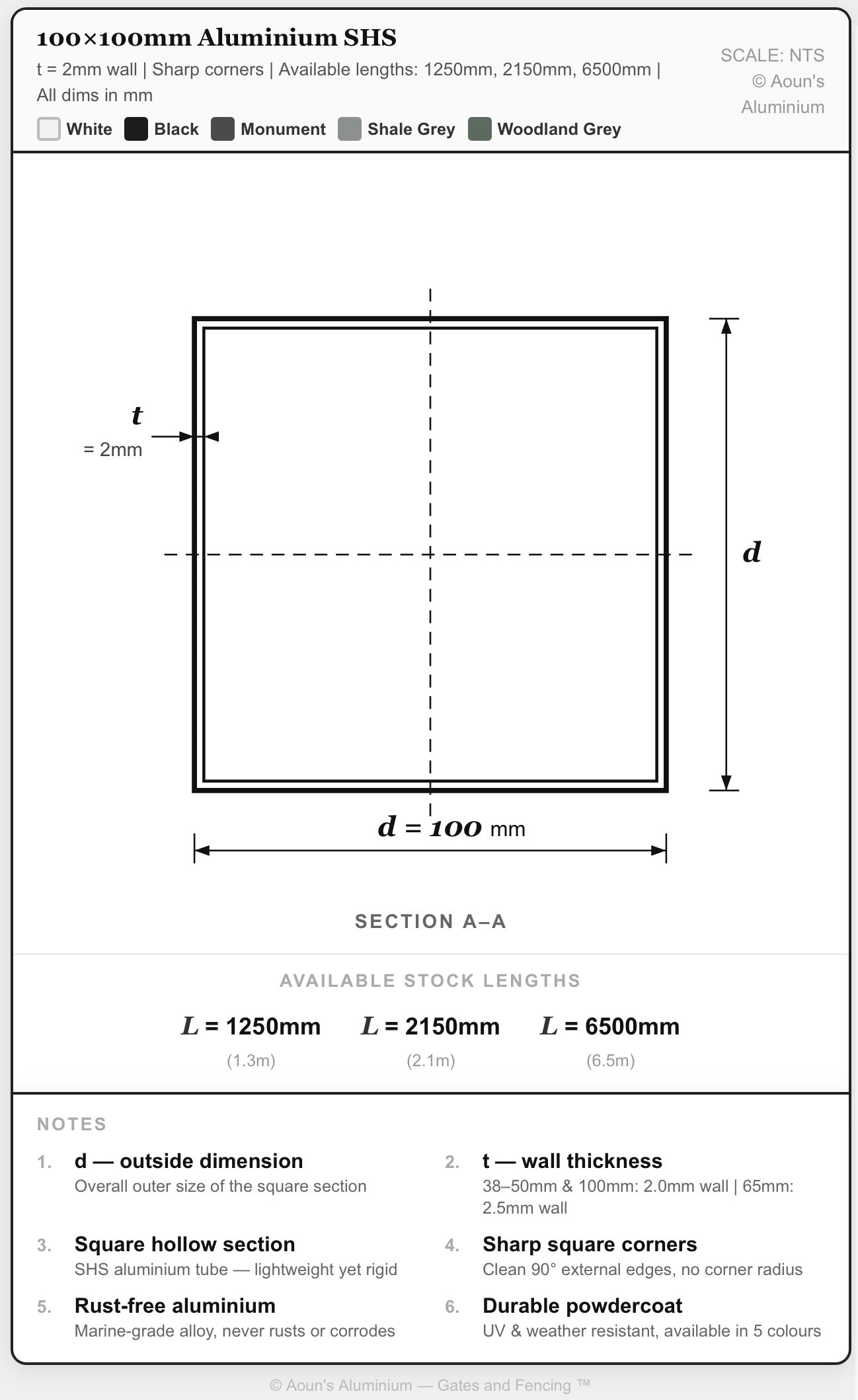 Aluminium Post - 100x100x2mm